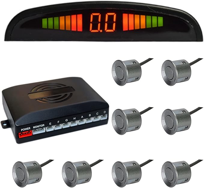 Riloer Car Front and Rear Security Reversing Radar Kit, LED Display Buzzer Alarm 8 Sensor Front and Rear Parking Sensor Prompt for Cars (Grey)