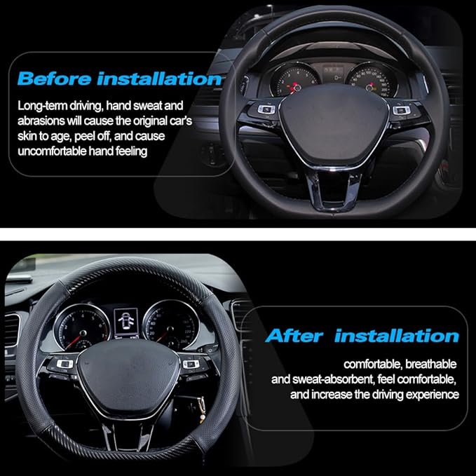 HAOTULE Car Carbon Fiber and Leather D-Shape Steering Wheel Cover, Stylish car Non-Slip Leather car Interior 15 inches Universal Black and Red