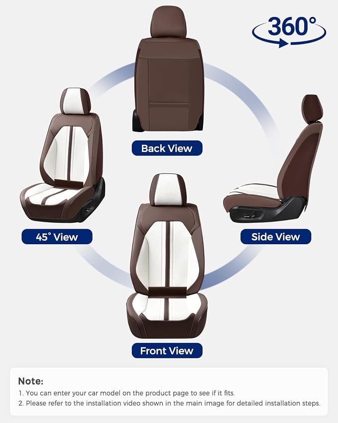 Huidasource Coffe White Front Seat Covers Luxury Faux Leather Front Car Seat Cover, Compatible with Airbags, Seatbelt Buckles, Perforation, Cooling＆Heating Universal Fit for Most Cars Vans Trucks SUVs