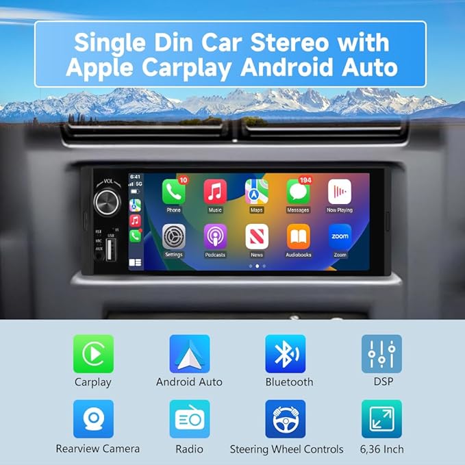Single Din Car Stereo, 6.36 Inch CarPlay & Android Auto HD IPS Touchscreen Radio with Bluetooth with Backup Camera, Support USB Type-C Charging/USB/Microphone/FM/EQ