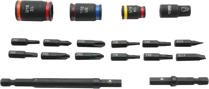 Malco KITCRB C-RHEX Socket Install Kit with Premium Case -Cleanable Reversible Hex Sizes (1/4"-9/16"), 2 Magnetic Shafts, 12 Impact-Rated Bits