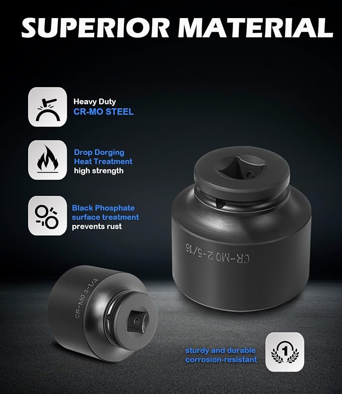 3/4" Drive Spindle Axle Nut Impact Large Socket Set, SAE Standard Sizes 2-1/16 Inch to 2-1/2 Inch, CR-MO Steel, 6-Point, Jumbo Sockets 8PCS for Removing Installing Axle Nuts Socket Heavy Duty