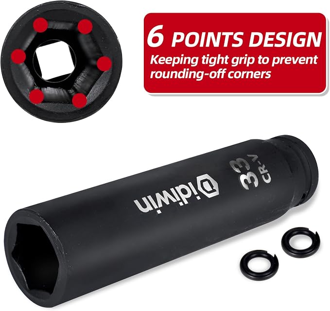 3/4" Drive 33mm Extra Deep Impact Socket, 8" (200mm) Long, 6-Point for Truck, Trailer, and Tractor Wheel Nuts, Heat Treated Cr-V Alloy Steel, One-Piece Forged, Radius corner design
