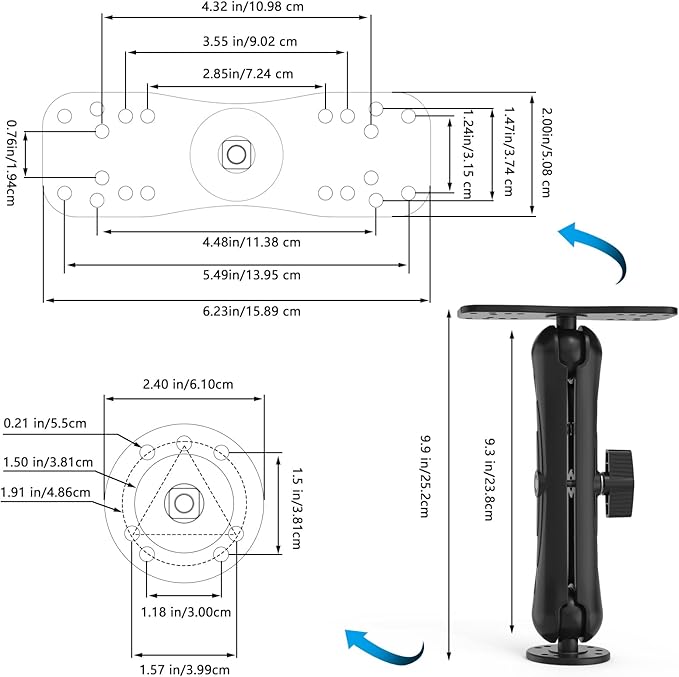 Aluminum Alloy Fish Finder Mount with 1.5" / C Size Ball Plate Base,9.3" Long Arm Marine Electronic Mount Compatible with Garmin, Lowrance, Humminbird and More (Black)
