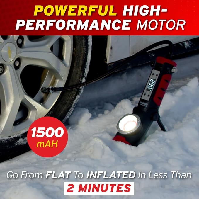 BIONIC Car Tire Inflator Portable Air Compressor with LED Road Flare, Work Light, & Window Breaker, 1500MAH Air Pump with Pressure Gauge, Emergency Lights for Vehicles, Rechargeable (120 PSI)
