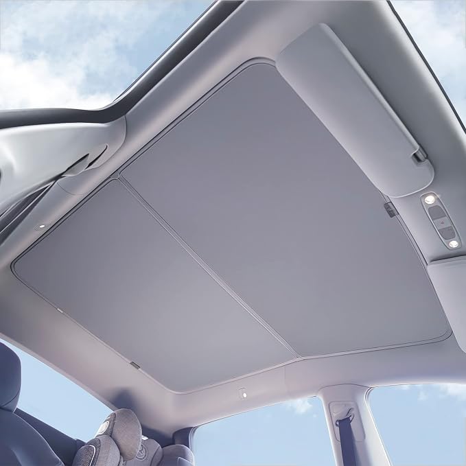 VION Tesla Model Y Roof Sunshade (2024-2020 Model Y) – Full Blackout (No Light Transmission), Cooler Cabin, Dual-Layer Fabric with Graphene-Enhanced UV Coating, No Sagging – Gray