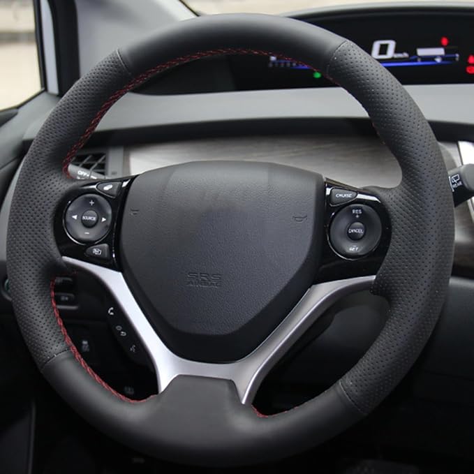 Loncky Carbon Fiber Black Genuine Leather Steering Wheel Cover for Honda Civic 9 Civic 2012 2013 2014 2015 Hand Stitched Custom Fit Car OEM Parts Interior Accessories