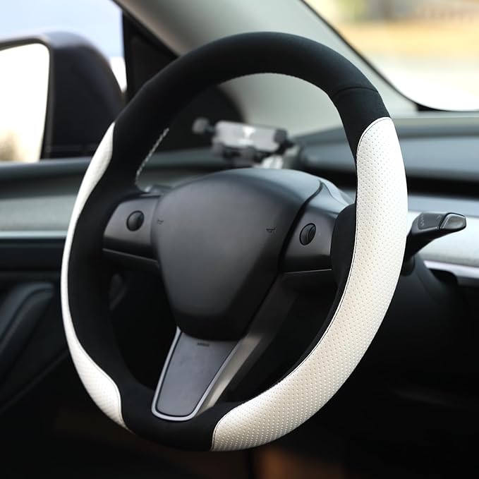 MEWANT Hand Stitch Steering Wheel Cover for Tesla Model 3 2017-2023 Model Y 2020-2023 Black Athsuede White Microfiber Leather Custom Fit DIY Wrap Interior Accessories