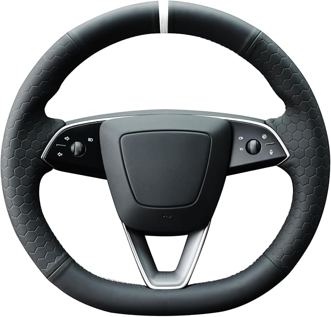 MEWANT Hand Stitch Black Hive Embossed Faux Leather Steering Wheel Cover for Tesla Model 3 Highland 2025 Model Y Juniper