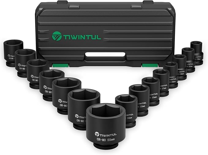 3/4 Inch Drive Impact Socket Set, 15 Pieces Metric 17-55 mm | Heavy Duty 6-Point CR-MO Steel Impact Sockets, Impact Socket Set for Auto, Truck and Large Machinery Maintenance