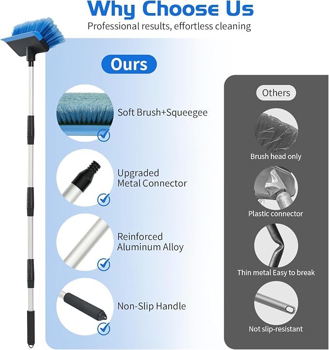 Ordenado 56" Car Wash Brush with Long Handle - Car Cleaning Brush with Soft Bristle & Squeegee, Scratch-Free Car Cleaning Mop Kit for Washing Exterior & Snow, Universal for RV Boat Truck SUV Blue