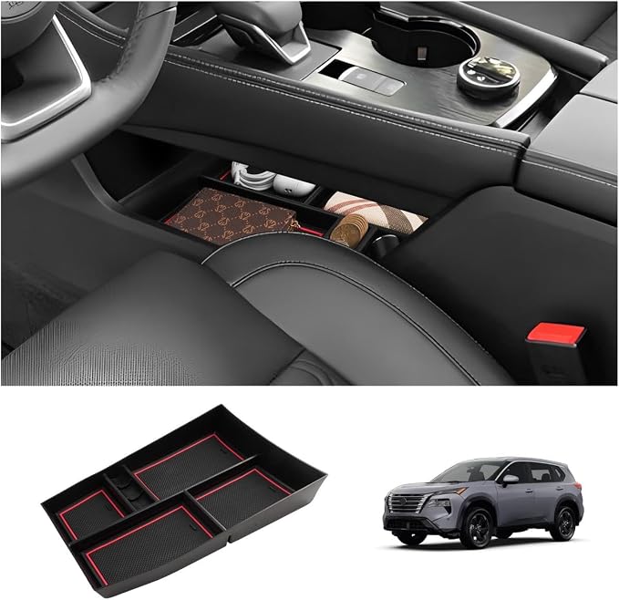 LUWU 2025 2026 Rogue Lower Center Console Tray Storage Box for 2021 2022 2023 2024 2025 2026 N issan Rogue Accessories Armrest Console Organizer ABS Material Red-trim