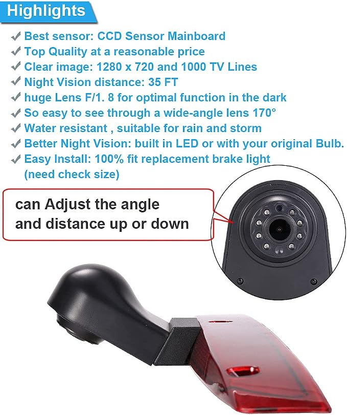 1280 * 720 Pixel Third Roof Brake Lamp Car Backup Camera Replacement for Mercedes-Benz Viano W639 Vito Mixto Kasten Bus W639 Crafter Dritte 3 Waterproof Night Vision Reverse Parking Vehicle Camera