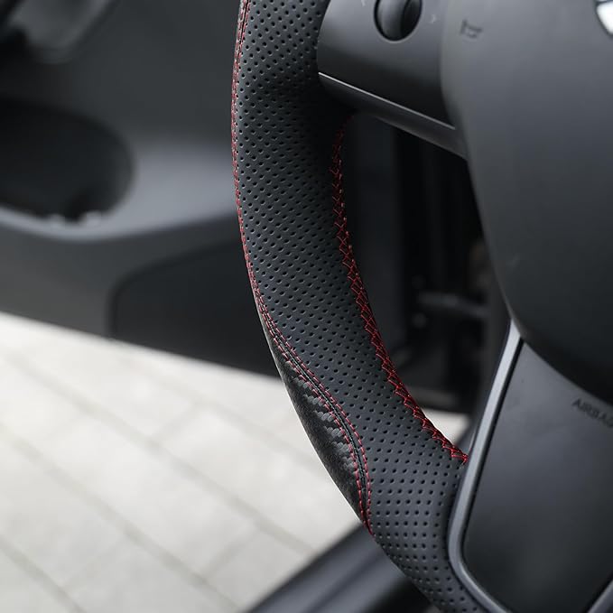 MEWANT Hand Stitch Steering Wheel Cover for Tesla Model 3 2017-2023 Model Y 2020-2023 Black Faux Leather PU Carbon Fiber Custom Fit DIY Wrap Interior Accessories