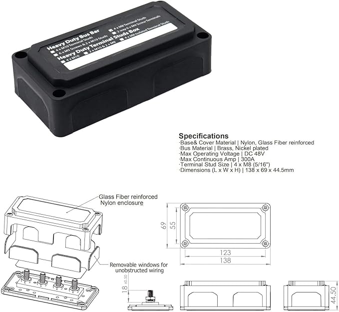 Busbar 12V 300A Heavy Duty Module 4 x 5/16" (M8) Posts Terminals Power Distribution Block, DC Battery Bus Bar 12 Volt-48V 300 Amp for Car Marine RV Solar Boat Truck Automotive, Black