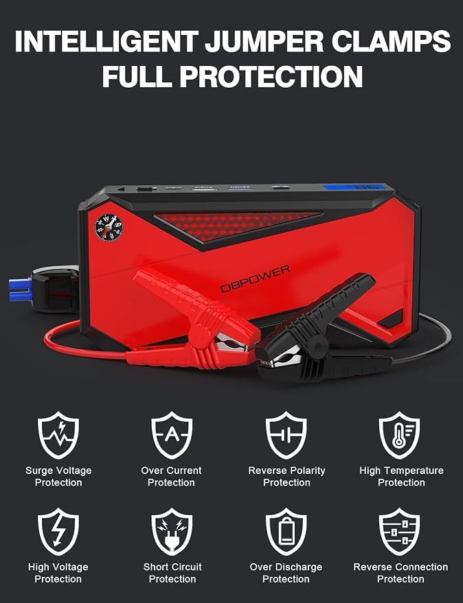 DBPOWER Car Jump Starter, 1600A Peak 17200mAh Portable Power Pack for Up to 7.2L Gas and 5.5L Diesel Engines, 12V Auto Battery Booster with LCD Display, Compass, LED Light and Type-C Port (red)