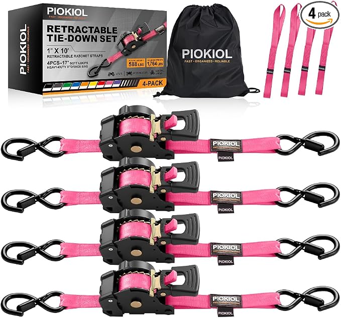 Retractable Ratchet Straps (4-Pack) - 1 Inch x 10 Feet (1,764lb Break Strength) - Heavy Duty Auto Self Retracting Tie Down Straps for Truck, Cargo Trailer, Motorcycle, ATV, UTV – Pink