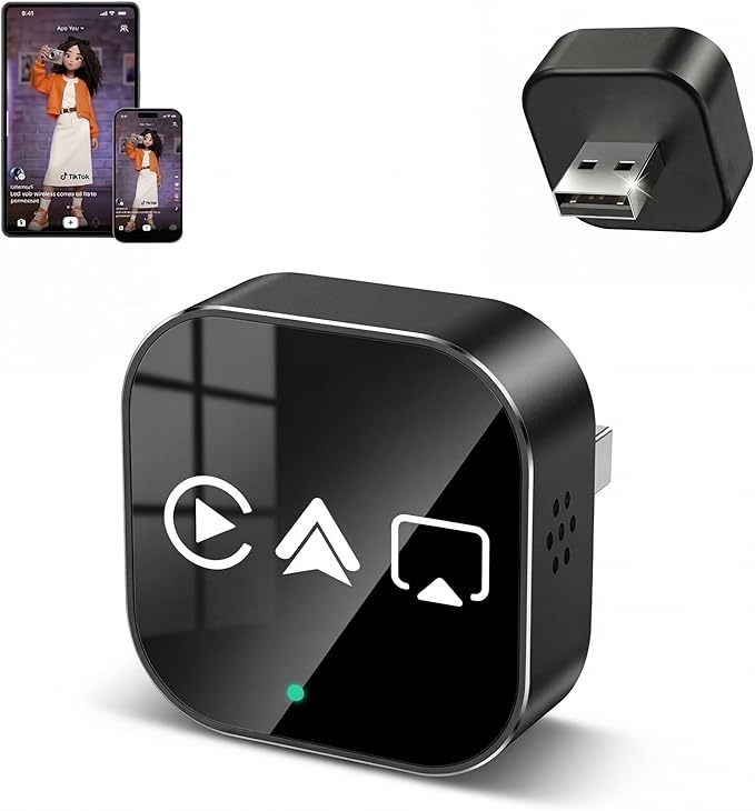 4-in-1 Wireless CarPlay Android Auto Adapter – AirPlay & Miracast Media Hub – Seamless for Mixed Families – 5.8GHz Low-Latency & Auto-Connect – Factory Wired Cars Only (Coal Black)