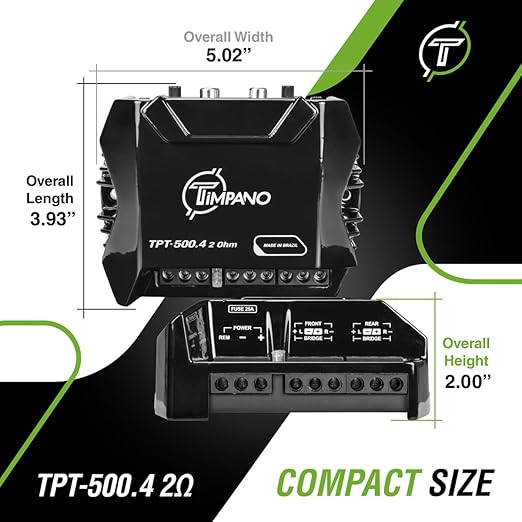 Timpano 4 Channel Amplifier Car Audio 4 x 125 Watts 2 Ohm, TPT-500.4 2 Ohm Small Mini Stereo Amp 12 Volts Full Range Class D - Bridgeable Car Amplifier