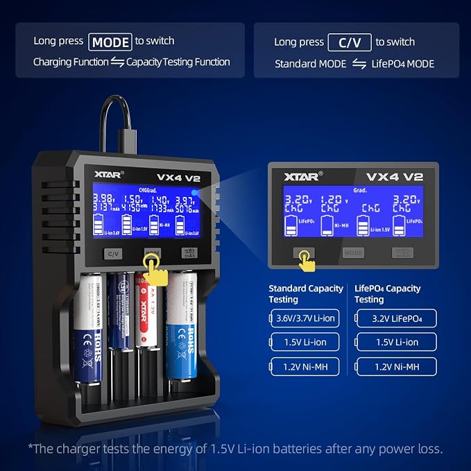 XTAR VX4 V2 Smart Battery Charger with LCD Screen, 1.5V & 1.2V AA AAA Rechargeable Batteries Tester, Multi-Slot Universal Battery Analyzer for 3.6V 3.7V Batteries （Not Included Any Batteries）