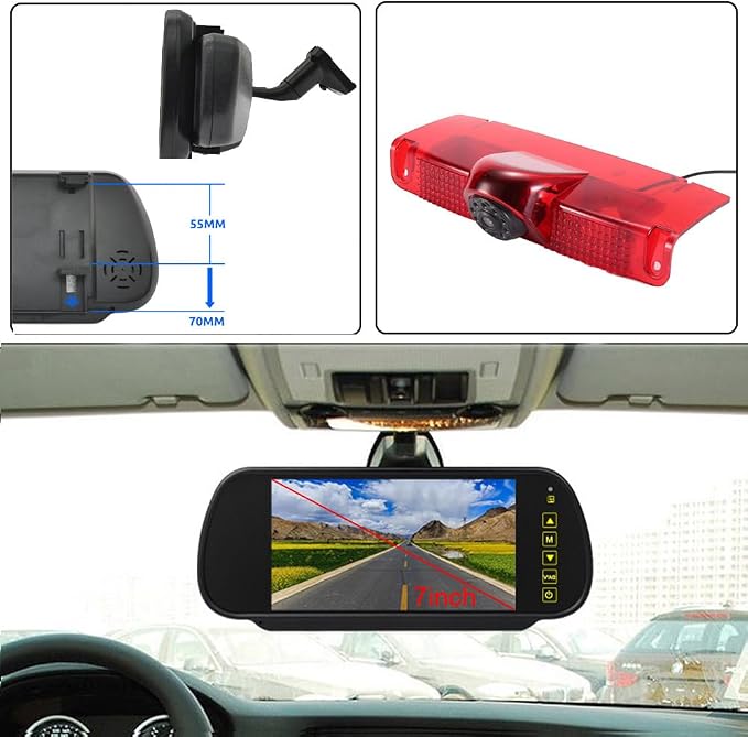 18mm Car Third Roof Top Mount Brake Lamp Light Rear View Reverse Parking Camera,Replacement for Chevrolet Express GMC Chevy Savana Exporer Vans Cargo Van 2003-2018 (with 7 inch Rear View Mirror)