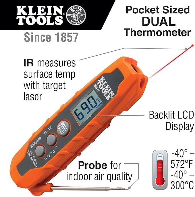 Klein Tools IR07 Dual Infrared (IR) and Probe Pocket Size LCD Digital Thermometer & ET10 Magnetic Digital Pocket Thermometer