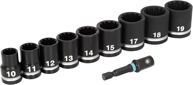 Spyder 10-Piece 3/8-inch Spline Drive Metric Impact Socket Set with Adapter, for 6pt, 12pt, Star, Square, Spline and Damaged Fasteners