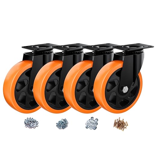 5" Swivel Plate Casters Set of 4 Heavy Duty 1400 lbs | Orange PU, Non-Marking, Quiet. 1400 Lbs/4 Casters. No Brake - Continuous Rolling. Black Rustproof Bracket. Workshop, Garage