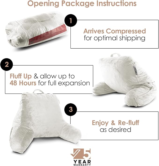 Nestl Reading Pillow with Shredded Memory Foam, Designed for Sitting Up in Bed and Couch, Back and Arms Adjustable Support for Adult & Teens Backrest Pillows for Reading, with Washable Cover White