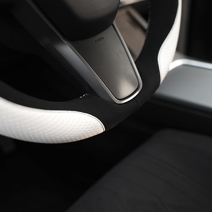MEWANT Hand Stitch Steering Wheel Cover for Tesla Model 3 2017-2023 Model Y 2020-2023 Black Athsuede White Microfiber Leather Custom Fit DIY Wrap Interior Accessories