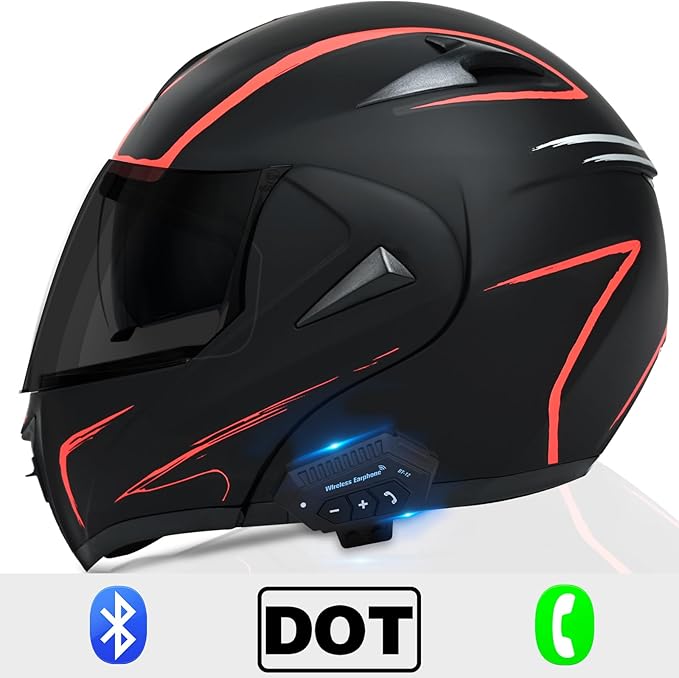 Motorcycle Bluetooth Modular Helmet, DOT Approved Dual Visor Full Face Flip Up Bluetooth Integrated Motorcycle Helmet for Adults Men and Women
