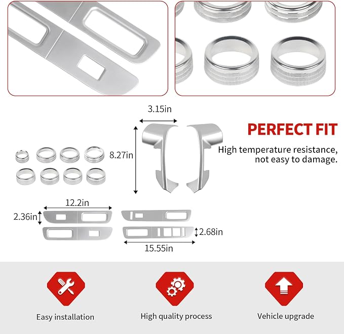 Jimen Fit for Ford F150 2013-2014, 14PCS Interior Silver Trim Kits - Air Conditioner Volume Knob Cover & 4WD Headlight Switch Trim Ring, Window Lift Switch Panel