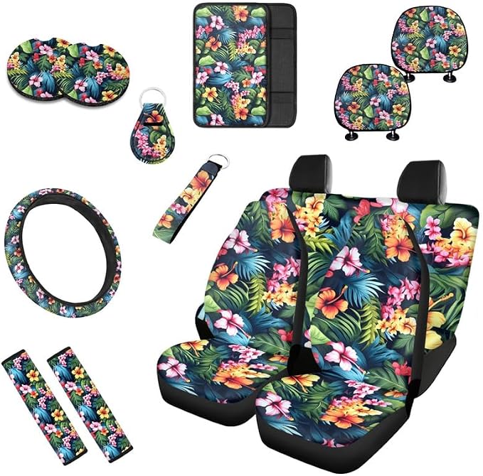 Hawaiian Hibiscus Monstera 13 Pieces Car Seat Cover Full Set for Women Men Tropical Flower Hand Drawing Steering Wheel Cover Auto Seat Universal for,SUV,Sedan,Van