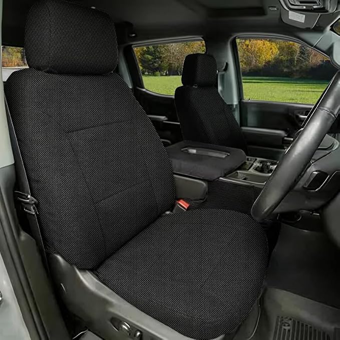Thickened Composite Fabric Front Seat Covers for Chevy Silverado & GMC Sierra 1500 2015 2016 2017 2018 Durable Cloth Composite Foam with Headrest and Console Covers- Black