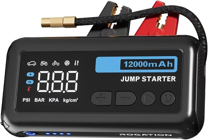 Jump Starter with 150PSI Air Compressor, 2500A Peak 12V Booster, 12000mAh Portable Car Battery Jump Starter, Up to 10L Gas/8L Diesel Engines, 33W Bidirectional Fast Charging Power Bank-Black