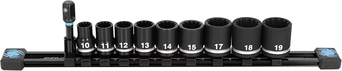 Spyder 10-Piece 3/8-inch Spline Drive Metric Impact Socket Set with Adapter, for 6pt, 12pt, Star, Square, Spline and Damaged Fasteners
