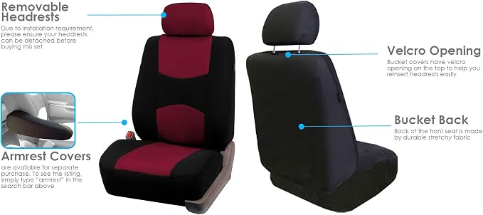 FH Group Car Seat Covers Flat Cloth Front Seats Only Burgundy Automotive Seat Cover, Airbag Compatible Universal Fit Interior Accessories Cars Trucks SUV Combo Steering Wheel Cover & Seat Belt Pads