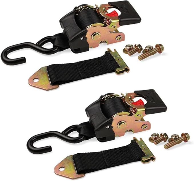 DC Cargo Mall Bolt-on E Track Auto Retractable Ratchets Straps Heavy Duty (2 Pack) 2 Inch x 6 Ft - Retractable Ratchet Tie Down Straps for Boats, Jet Skis, Motorcycles, ATVs - 4,000 lbs Break Strength