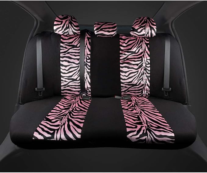 BDK Pink Velvet Zebra Print Car Seat Covers, Full Set with Steering Wheel Cover and Seat Belt Pads, Front and Rear Universal Fit for Car Truck SUV Van, Cute Auto Interior Accessory for Women Girl