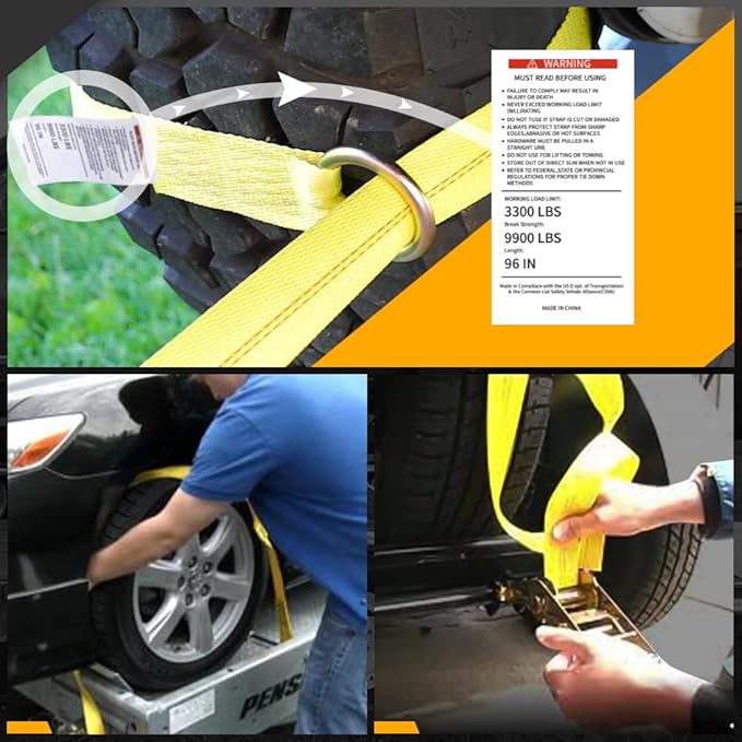 Car Tie Down with Snap Hooks- 4 Pack 2"x96" with 3,300lb Safe Working Load - Adjustable Straps with Snap Hooks Tire Straps for a Car Trailer (Yellow)