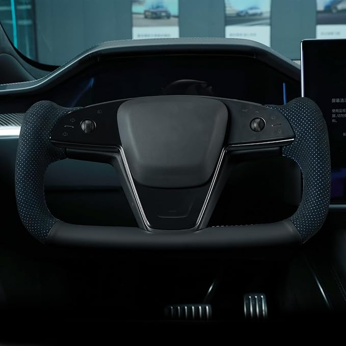 MEWANT DIY Black Genuine Leather Mesh Athsuede Blue Layer Steering Wheel Cover for Tesla Models Yoke 2021 Model X 2021