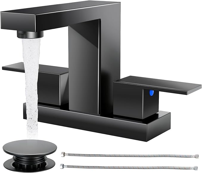 Cobbe Bathroom Faucets for Sink 3 Hole, Matte Black Bathroom Sink Faucet Square 4 Inch Centerset with Pop-Up Drain, 2 Handle and 2 Supply Hoses, Lead-Free Stainless Steel for Vanity, Rv, Farmhouse