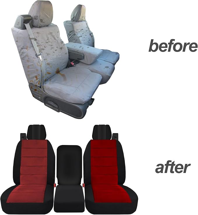 ESMING 40/20/40 Durable Oxford Fabric Front Split Bench Seat Covers for Ford F150 XL Standard Cab 2004 2005 2006 2007 2008 with Integrated Seatbelts & Solid Armrest-Red