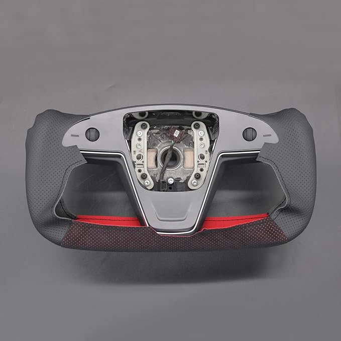 MEWANT DIY Black Perforated Real Leather Mesh Athsuede Red Layer Steering Wheel Cover for Tesla Model S Yoke Model X