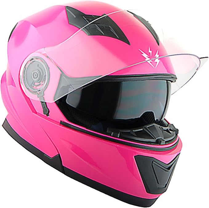1Storm New Motorcycle Bike Modular Full Face Helmet Dual Visor Sun Shield with Rechargeable LED Tail Light: Glossy Pink