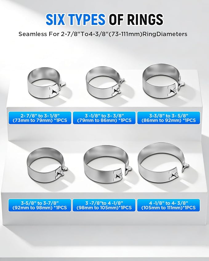 Piston Ring Compressor Tool, Thickened Adjustable 6 Piston Rings (2-7/8" - 4-5/8") and Pliers - Piston Ring Tool for Car, Truck & Motorcycle Installation, with Storage Box, Natural Metal