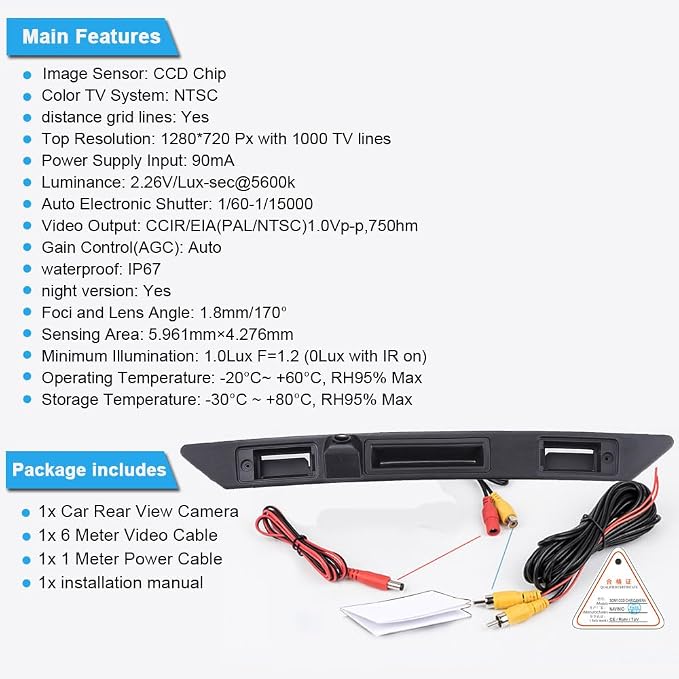 HD 1280x720pixel Trunk Handle Rear View Parking Camera Waterproof Backup Camera for Audi A3 A4/S5 B6 A6/S6 Models Q7 RS3 S3 RS4 S4 RS6 S6 A6 A6L(No.LS8001C)