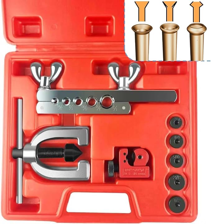 Brake Line Flaring Tool Kit, 3/16", 1/4", 5/16", 3/8" and 1/2” Double & Single Tubing Flare Tool for Copper and Aluminum Fuel Line Tube