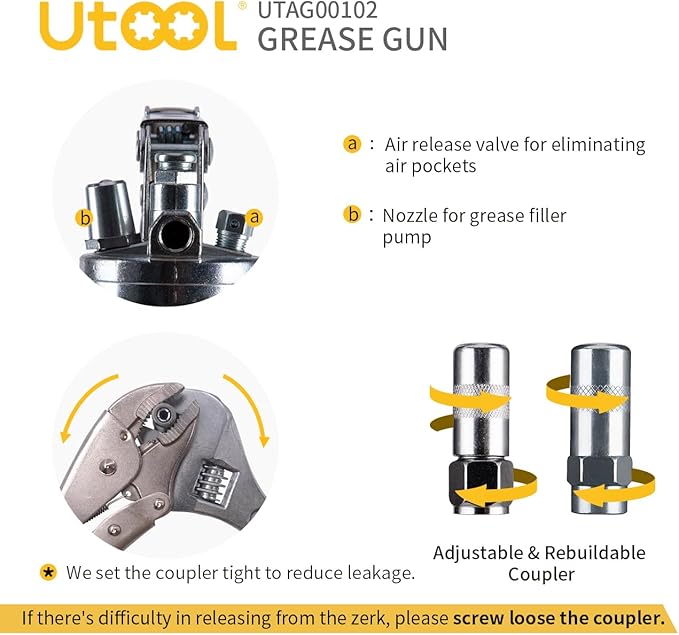 UTOOL Grease Gun | 8000 PSI Heavy Duty Pistol Grip Grease Gun Kit, 14 oz Capacity, 18 Inch Resin Flex Hose, 2 Basic Coupler, 2 Extension Rigid Pipe and 1 Sharp Type Nozzle
