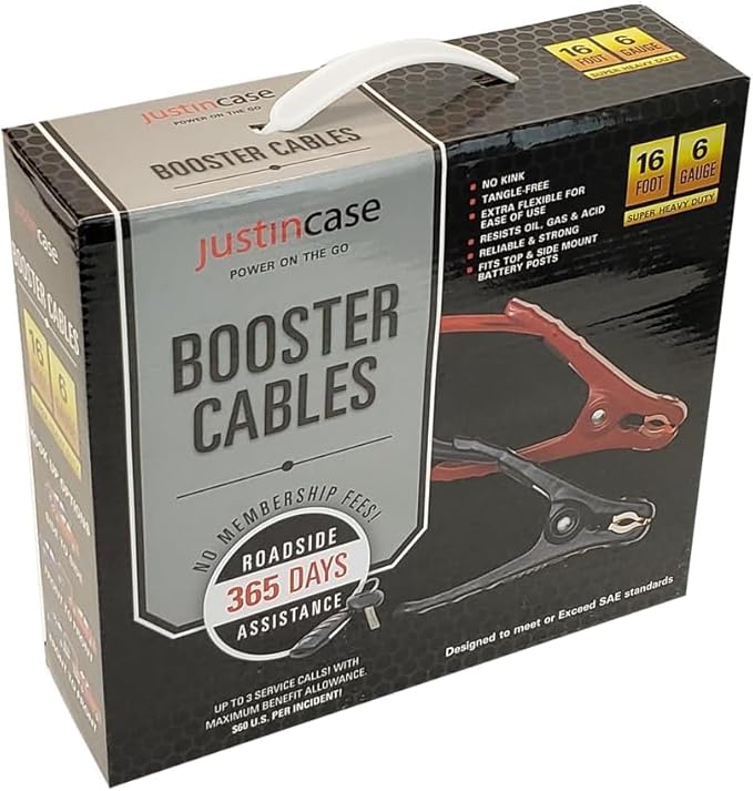Justin Case Super Heavy-Duty Jumper Cables for Car, Includes 6 Gauge Wire Conductor 16' Car Jumper Cables & 365 Days of Roadside Assistance
